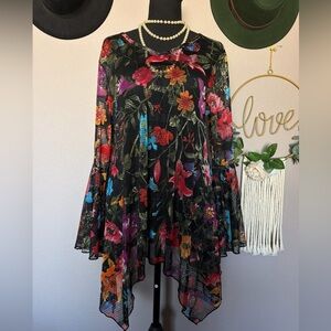 Black Floral Mesh Asymmetric Tunic Top